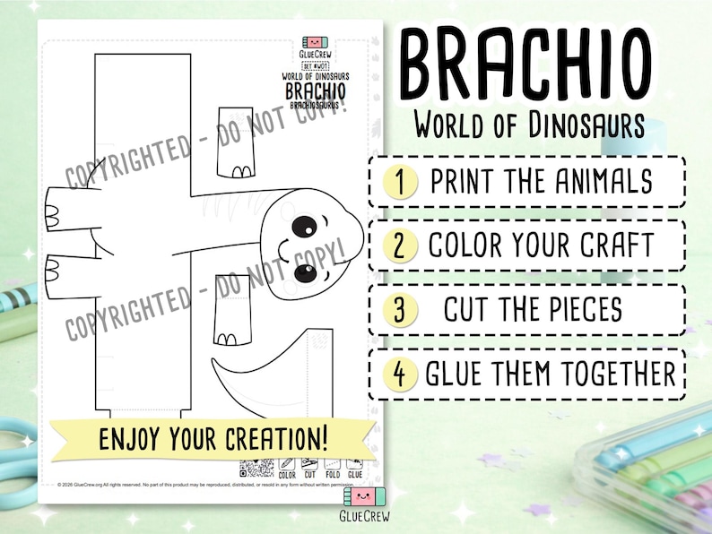 May include: A black and white printable craft sheet featuring a Brachio dinosaur outline with separate body parts. The text reads BRACHIO WORLD OF DINOSAURS, 1 PRINT THE ANIMALS, 2 COLOR YOUR CRAFT, 3 CUT THE PIECES, 4 GLUE THEM TOGETHER, and ENJOY YOUR CREATION.