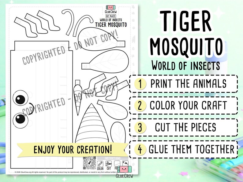 TIGER MOSQUITO Paper Craft Printable 3D DIY Kit for Kids, Cute Puppy Activity for Preschool, Home Schooling & School Teaching Unit image 2