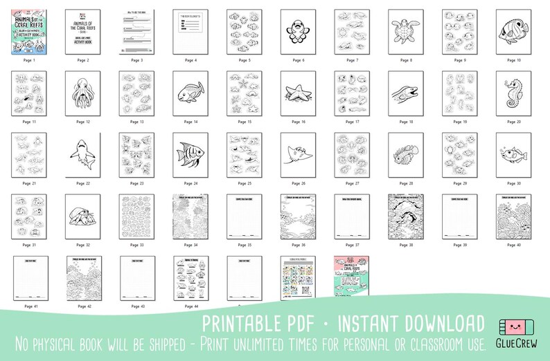 Animals of the Coral Reefs, learning binder and cut and paste, coral reef animals, kindergarten prep and coloring pages, Printable (PDF) afbeelding 2