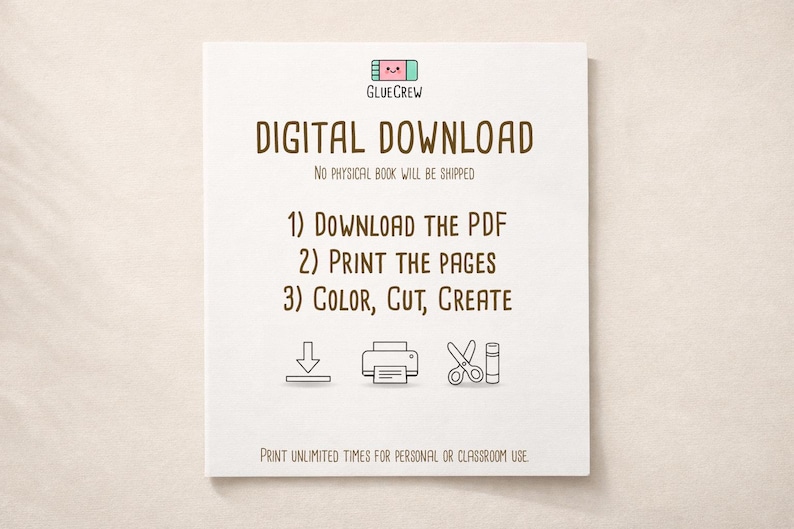 Informational card labeled “Digital Download” explaining: download the PDF, print the pages, then color, cut, and create; includes simple icons and notes that no physical book will be shipped.
