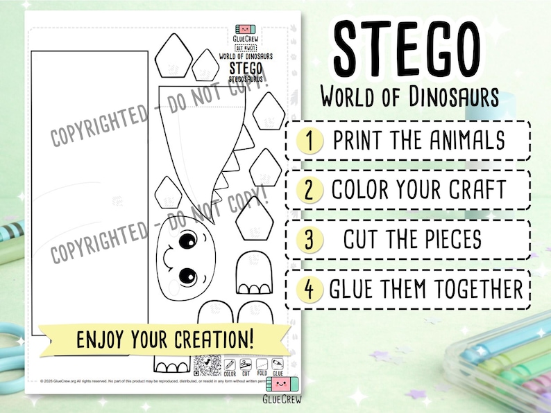 Pu&ograve; includere: Un foglio di carta stampabile per lavoretti con il contorno di un dinosauro Stegosauro e parti del corpo separate da ritagliare. La pagina include le istruzioni: 1. Print the animals, 2. Color your craft, 3. Cut the pieces, 4. Glue them together.