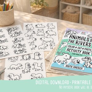Puede incluir: Un libro de actividades titulado "Animales de los R&iacute;os" con un tema de colorear, cortar y pegar para ni&ntilde;os de 3 a 5 a&ntilde;os. El libro est&aacute; acompa&ntilde;ado de varias hojas de ilustraciones de animales en blanco y negro, tijeras y pegamento. El texto "South America" es visible.