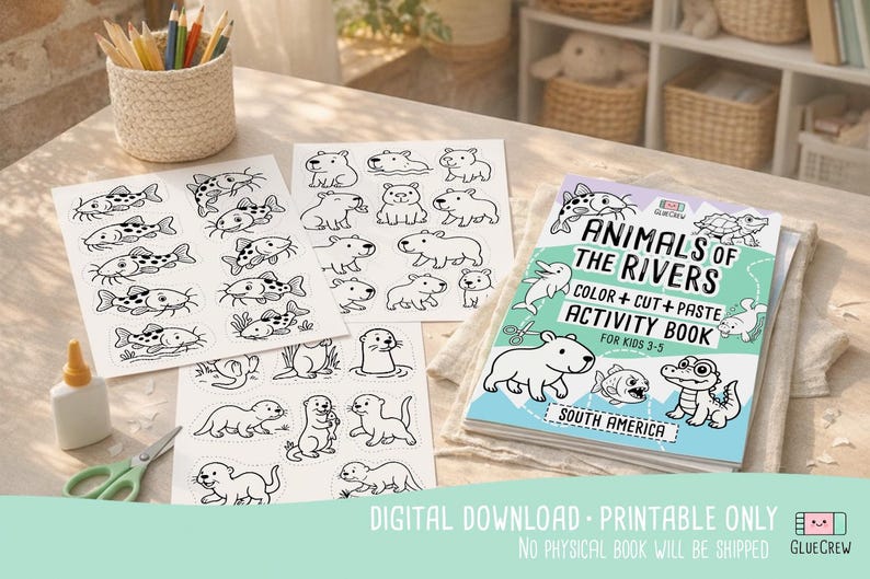 Puede incluir: Un libro de actividades titulado "Animales de los R&iacute;os" con un tema de colorear, cortar y pegar para ni&ntilde;os de 3 a 5 a&ntilde;os. El libro est&aacute; acompa&ntilde;ado de varias hojas de ilustraciones de animales en blanco y negro, tijeras y pegamento. El texto "South America" es visible.