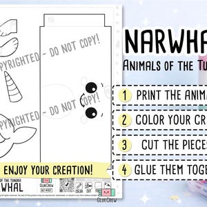 May include: A printable craft template for a narwhal featuring black and white line art of a tail, horn, and flippers. The page includes instructions labeled 1 through 4: Print the animals, Color your craft, Cut the pieces, and Glue them together.