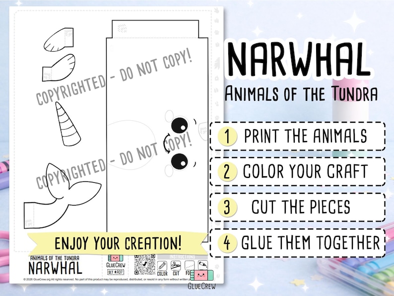 May include: A printable craft template for a narwhal featuring black and white line art of a tail, horn, and flippers. The page includes instructions labeled 1 through 4: Print the animals, Color your craft, Cut the pieces, and Glue them together.