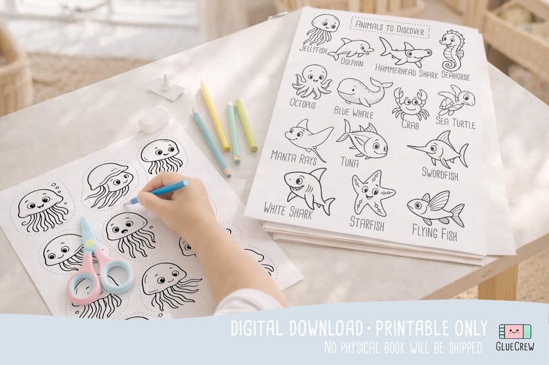 Animals of Open Sea, preschool busy book and cut and paste, ocean animals, toddler worksheets and coloring printables, Printable PDF 画像 2