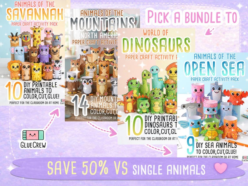 May include: Four paper craft activity packs featuring Animals of the Savannah, Animals of the Mountains, World of Dinosaurs, and Animals of the Open Sea. Each pack includes printable figures to color, cut, and glue, with text indicating the animal counts.