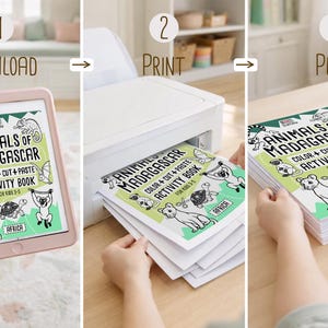 May include: A step-by-step guide for a children's activity book. The process includes downloading, printing, and playing with the "Animals of Madagascar" color, cut, and paste activity book for kids ages 3-5.
