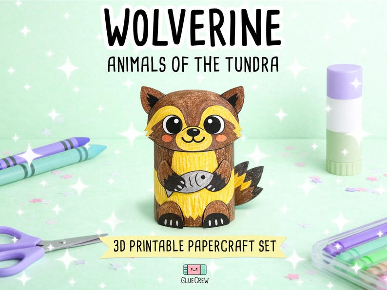May include: A 3D papercraft wolverine figure featuring brown and yellow fur, large black eyes, and a grey fish held in its paws. The text reads WOLVERINE ANIMALS OF THE TUNDRA and 3D PRINTABLE PAPERCRAFT SET with a GLUE CREW logo at the bottom.