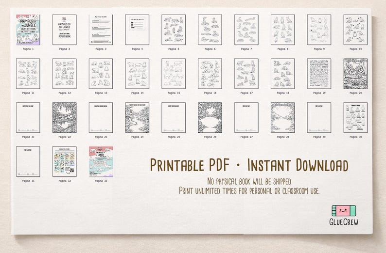 May include: A collection of printable PDF pages, featuring animal-themed coloring pages and activity sheets. The pages include various illustrations of animals, landscapes, and activities. The text "PRINTABLE PDF - INSTANT DOWNLOAD" is displayed.