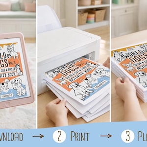 May include: A three-panel image showing the steps to create a "World of Dogs" activity book. The first panel shows a tablet displaying the book cover. The second panel shows the book being printed. The third panel shows a stack of printed books. The text reads: "Download, Print, Play."