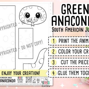 Pode incluir: Uma folha de artesanato imprim&iacute;vel com um desenho de linha em preto e branco de uma sucuri verde com cabe&ccedil;a de desenho animado, segmentos corporais e cauda. O texto diz GREEN ANACONDA SOUTH AMERICAN JUNGLE, 1 PRINT THE ANIMALS, 2 COLOR YOUR CRAFT, 3 CUT THE PIECES, 4 GLUE THEM TOGETHER e ENJOY YOUR CREATION.