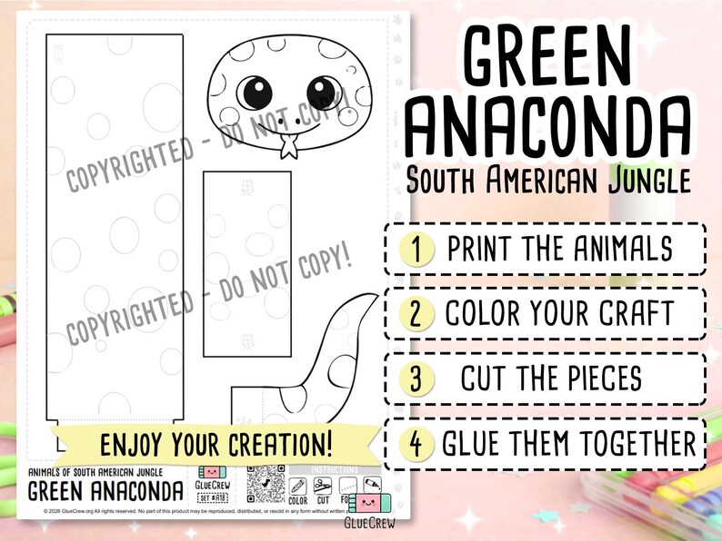 Pode incluir: Uma folha de artesanato imprim&iacute;vel com um desenho de linha em preto e branco de uma sucuri verde com cabe&ccedil;a de desenho animado, segmentos corporais e cauda. O texto diz GREEN ANACONDA SOUTH AMERICAN JUNGLE, 1 PRINT THE ANIMALS, 2 COLOR YOUR CRAFT, 3 CUT THE PIECES, 4 GLUE THEM TOGETHER e ENJOY YOUR CREATION.