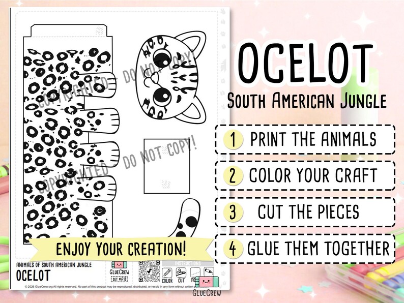 Ocelot Printable Craft for Kids | Printable Kids Paper Craft Activity | South American Jungle | Teacher School Homeschool Habitat Unit afbeelding 2