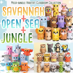 Habitat Classroom Collection: 37 DIY 3D Paper Crafts  Animals of the Ocean + Savannah + Jungle Bundle for Teachers Homeschool Back to School