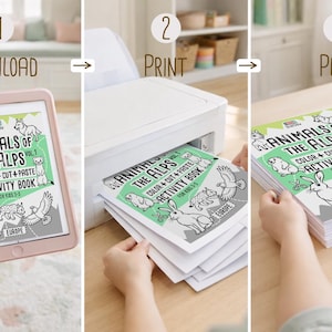 Three-step guide showing how it works: download the “Animals of the Alps Vol. 1” PDF on a tablet, print the pages from a home printer, then stack and play with the printed activity book.