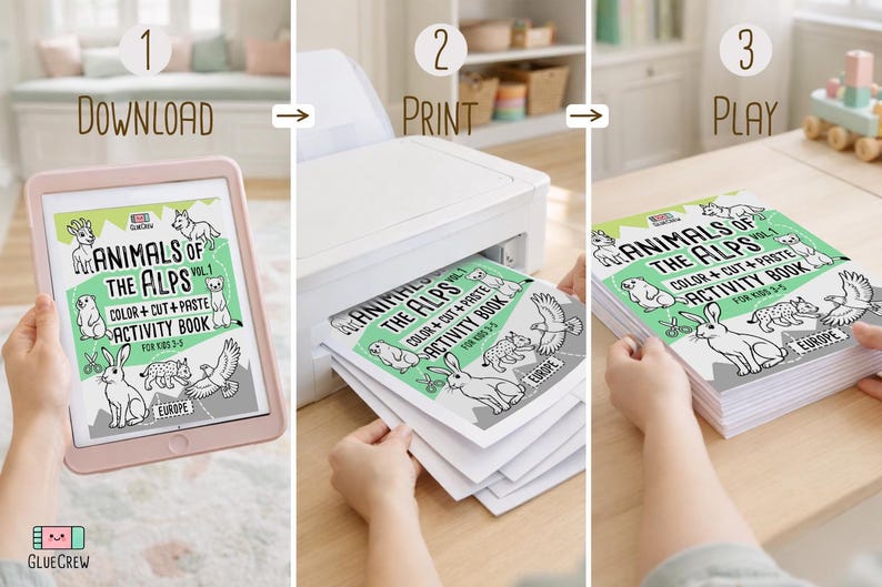 Three-step guide showing how it works: download the “Animals of the Alps Vol. 1” PDF on a tablet, print the pages from a home printer, then stack and play with the printed activity book.