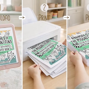 May include: A three-step process for an activity book. The first step shows a tablet with the book cover, the second step shows the book being printed, and the third step shows the finished book. The book is titled "Animals of the Mountains".