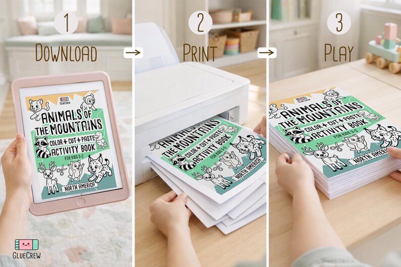 May include: A three-step process for an activity book. The first step shows a tablet with the book cover, the second step shows the book being printed, and the third step shows the finished book. The book is titled "Animals of the Mountains".