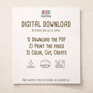 K&ouml;nnte beinhalten: Ein wei&szlig;es Papier mit dem Text &bdquo;DIGITALER DOWNLOAD&ldquo; und Anweisungen: PDF herunterladen, Seiten drucken, Ausmalen, Ausschneiden, Erstellen. Enth&auml;lt Symbole f&uuml;r einen Pfeil nach unten, Drucker, Schere und Klebestift.