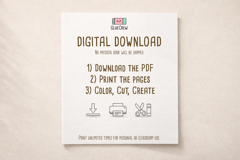 K&ouml;nnte beinhalten: Ein wei&szlig;es Papier mit dem Text &bdquo;DIGITALER DOWNLOAD&ldquo; und Anweisungen: PDF herunterladen, Seiten drucken, Ausmalen, Ausschneiden, Erstellen. Enth&auml;lt Symbole f&uuml;r einen Pfeil nach unten, Drucker, Schere und Klebestift.