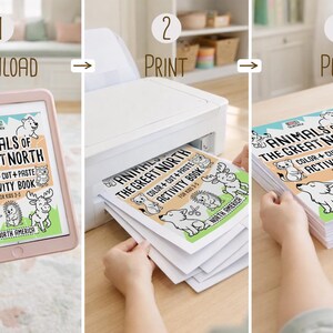 Pode incluir: Um processo de tr&ecirc;s etapas para um livro de atividades. A primeira etapa mostra um tablet com a capa do livro, a segunda etapa mostra o livro a ser impresso e a terceira etapa mostra o livro impresso. O livro &eacute; intitulado "Animals of the Great North".