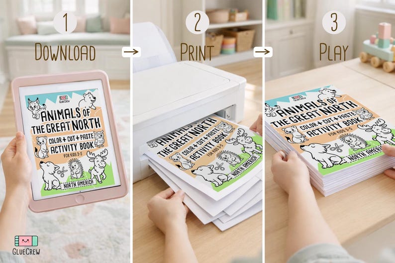 Pode incluir: Um processo de tr&ecirc;s etapas para um livro de atividades. A primeira etapa mostra um tablet com a capa do livro, a segunda etapa mostra o livro a ser impresso e a terceira etapa mostra o livro impresso. O livro &eacute; intitulado "Animals of the Great North".