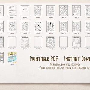 Preview collage of the “Animals of the Lakes” printable PDF, showing small thumbnails of multiple interior activity pages and covers, labeled as an instant digital download with no physical book shipped.
