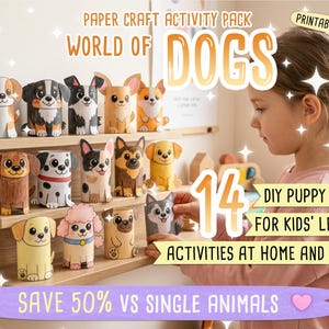 Pu&ograve; includere: Un kit di attivit&agrave; manuali in carta intitolato World of Dogs con 14 modelli di cuccioli in PDF stampabile. L'immagine mostra varie figure di cani colorate realizzate con tubi di carta su scaffali, con testo sulle attivit&agrave; di bricolage.