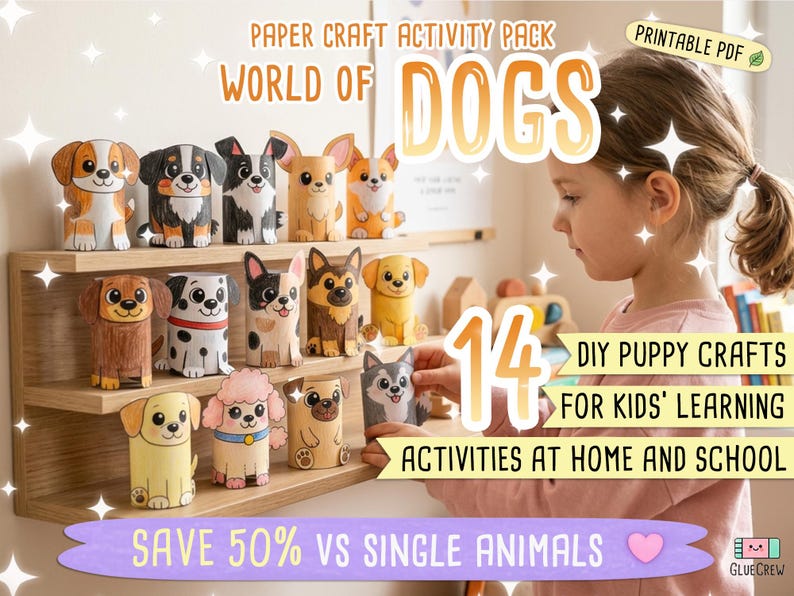 Pu&ograve; includere: Un kit di attivit&agrave; manuali in carta intitolato World of Dogs con 14 modelli di cuccioli in PDF stampabile. L'immagine mostra varie figure di cani colorate realizzate con tubi di carta su scaffali, con testo sulle attivit&agrave; di bricolage.