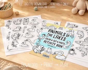 Animals of Lakes, preschool busy book and cut and paste, freshwater animals, toddler worksheets and coloring printables, Printable PDF