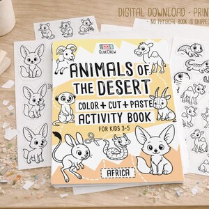 Printable “Animals of the Desert” color, cut-and-paste activity book cover shown with sample black-and-white desert animal pages spread on a wooden desk, labeled as a digital download with no physical book shipped.