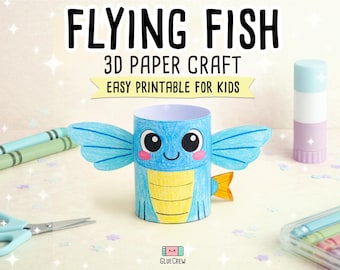 Flying Fish Paper Craft Kit, Cute 3D DIY Kids Project, Printable Whimsical Cartoon Style Activity, Child-Friendly Fun