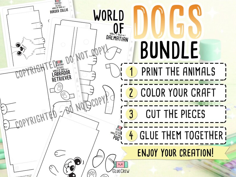 Pu&ograve; includere: Un set di modelli di carta da stampare con disegni in bianco e nero di un Border Collie, un Dalmata, un Labrador Retriever e un Carlino. Il testo recita World of Dogs Bundle, 1 Print the animals, 2 Color your craft, 3 Cut the pieces, 4 Glue them together, Enjoy your creation.