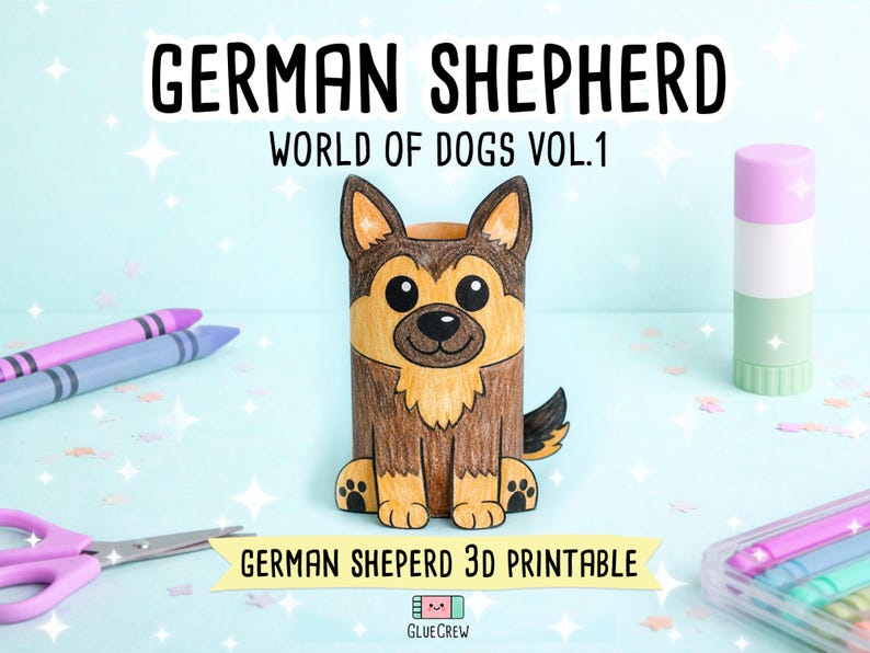 GERMAN SHEPHERD Paper Craft Printable DIY Kit for Kids, 3D Puppy Crafts for Kids, Back to School - Fine Motor Activity - Cut and Glue afbeelding 1