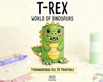 Può includere: Una figura di Tyrannosaurus Rex in carta 3D colorata in verde e giallo con un volto sorridente. Il testo T-REX WORLD OF DINOSAURS e TYRANNOSAURUS REX 3D PRINTABLE appare sopra e sotto il dinosauro. Sono visibili una colla stick e dei pastelli.