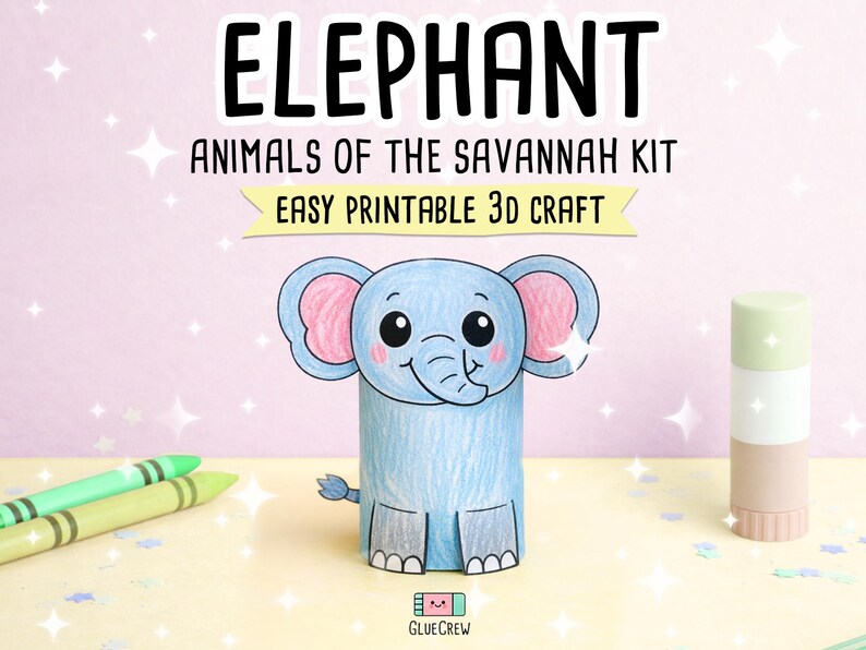 K&ouml;nnte beinhalten: Ein blau-rosa illustriertes Elefantenbastelprojekt aus Papier, Teil eines "Savannen-Tiere-Kits". Das Bild enth&auml;lt Buntstifte, einen Klebestift und den Text "EASY PRINTABLE 3D CRAFT".