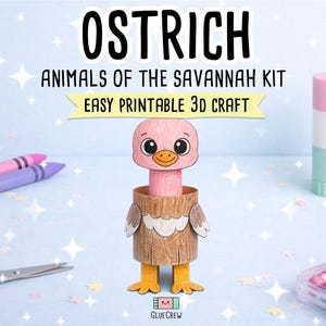 K&ouml;nnte beinhalten: Ein Papier-Bastel-Strau&szlig; aus dem Animals of the Savannah Kit. Der Strau&szlig; hat einen rosa Kopf und Hals, einen braunen K&ouml;rper und gelbe F&uuml;&szlig;e. Das Bild enth&auml;lt auch Buntstifte, eine Schere und einen Klebestift.