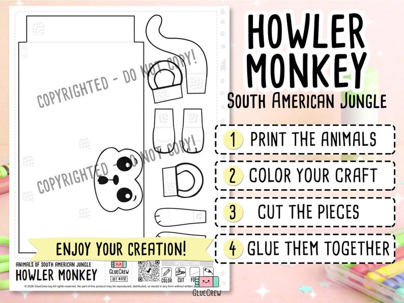 Howler Monkey 3D Paper Craft | Printable Animal Craft for Kids | Jungle Habitat | Teacher School Homeschool Habitat Unit | Habitat Diorama image 2