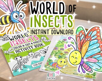Insects Activity Book for Kids (Color Cut Paste) Preschool Printable PDF & Busy Book for School Class and Home Schooling (Instant Download)