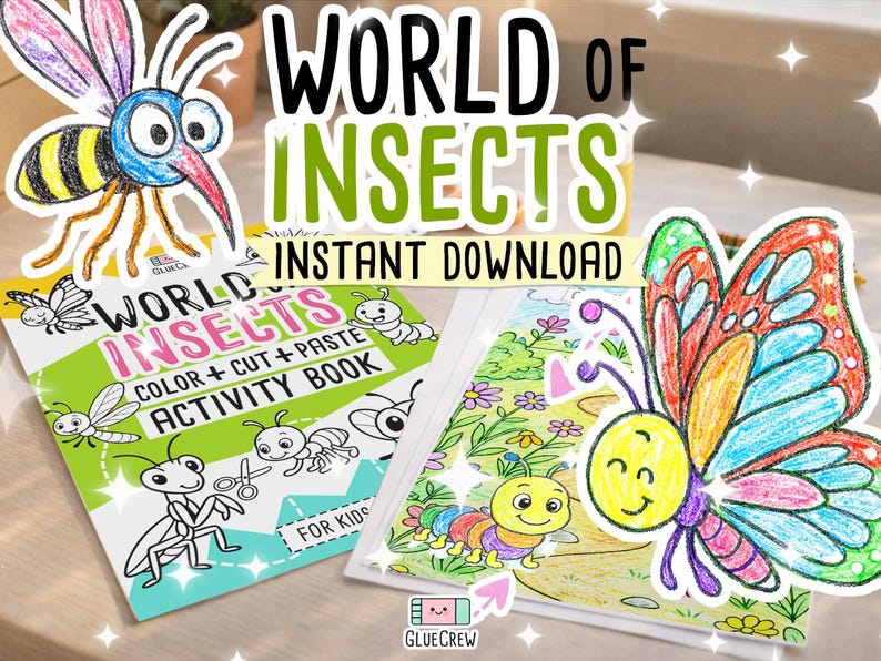 May include: A colorful illustration of a butterfly and a cartoon insect, with the text "WORLD OF INSECTS INSTANT DOWNLOAD". The image also features a "COLOR + CUT + PASTE ACTIVITY BOOK" for kids.