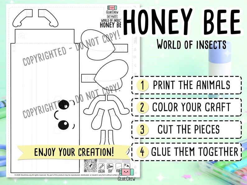 Bee Printable 3D Paper Craft Kit | Insects DIY Kids Classroom Project, Educational Happy Honey Bee Model with Yellow and Black Stripes bild 2