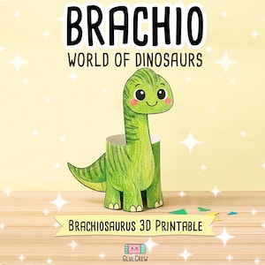 May include: A green paper craft Brachiosaurus dinosaur figure with a long neck and tail, featuring a smiling face with pink cheeks. The text BRACHIO WORLD OF DINOSAURS and BRACHIOSAURUS 3D PRINTABLE is visible along with a small GlueCrew logo at the bottom.