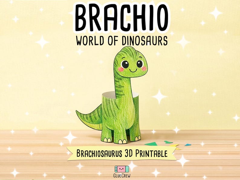 May include: A green paper craft Brachiosaurus dinosaur figure with a long neck and tail, featuring a smiling face with pink cheeks. The text BRACHIO WORLD OF DINOSAURS and BRACHIOSAURUS 3D PRINTABLE is visible along with a small GlueCrew logo at the bottom.