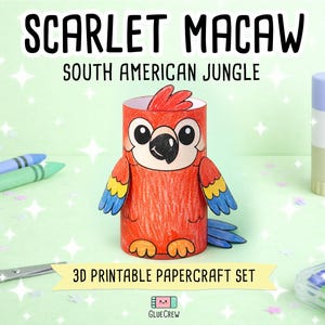 Scarlet Macaw Printable Paper Craft | 3D Printable DIY Craft for Kids | Rainforest Animals | Classroom Homeschool Fine Motor Activity zdjęcie 1