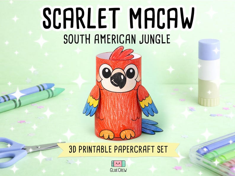 Scarlet Macaw Printable Paper Craft | 3D Printable DIY Craft for Kids | Rainforest Animals | Classroom Homeschool Fine Motor Activity zdjęcie 1