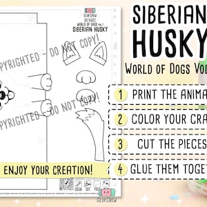 Siberian HUSKY Paper Craft Printable 3D DIY Dog Kit for Kids, Cute Puppy Activity for Preschool, Home Schooling and Primary School Teaching immagine 2