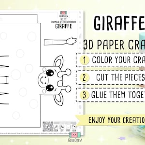 K&ouml;nnte beinhalten: Eine schwarz-wei&szlig;e Giraffen-3D-Papierbastelvorlage. Das Bild enth&auml;lt Anweisungen: ausmalen, ausschneiden und kleben. Der Text lautet "Tiere der Savanne" und "Viel Spa&szlig; beim Basteln!"