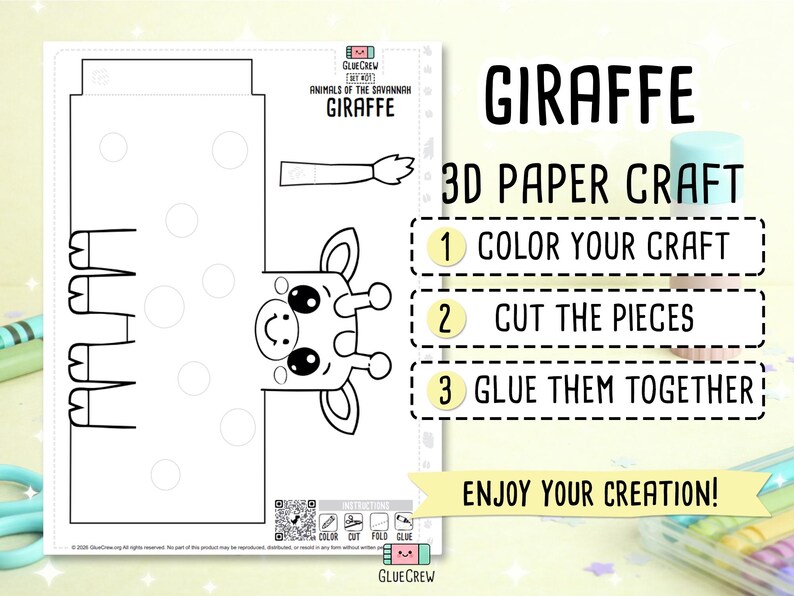 K&ouml;nnte beinhalten: Eine schwarz-wei&szlig;e Giraffen-3D-Papierbastelvorlage. Das Bild enth&auml;lt Anweisungen: ausmalen, ausschneiden und kleben. Der Text lautet "Tiere der Savanne" und "Viel Spa&szlig; beim Basteln!"