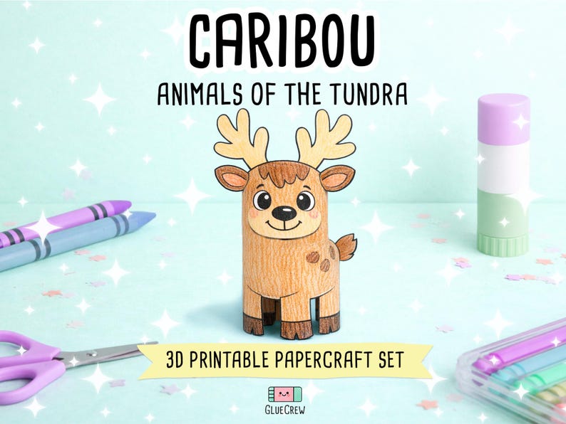 Caribou Printable Paper Craft | 3D Printable DIY Craft for Kids | Arctic Tundra Habitat | Classroom Homeschool Fine Motor Activity image 1